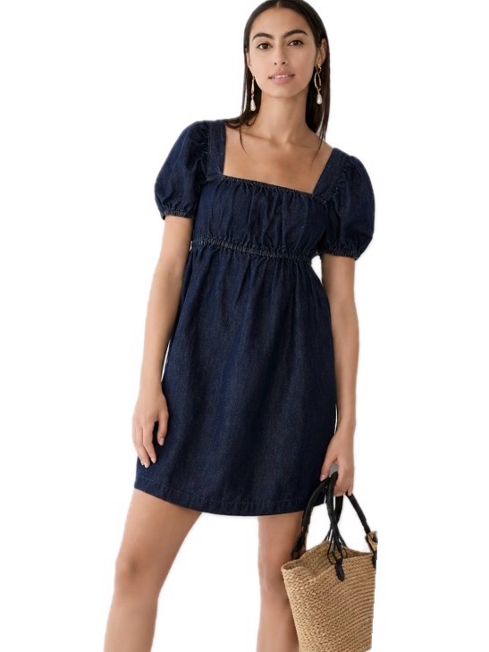 Square Neck Puff Sleeve Denim Mini Dress - Navy